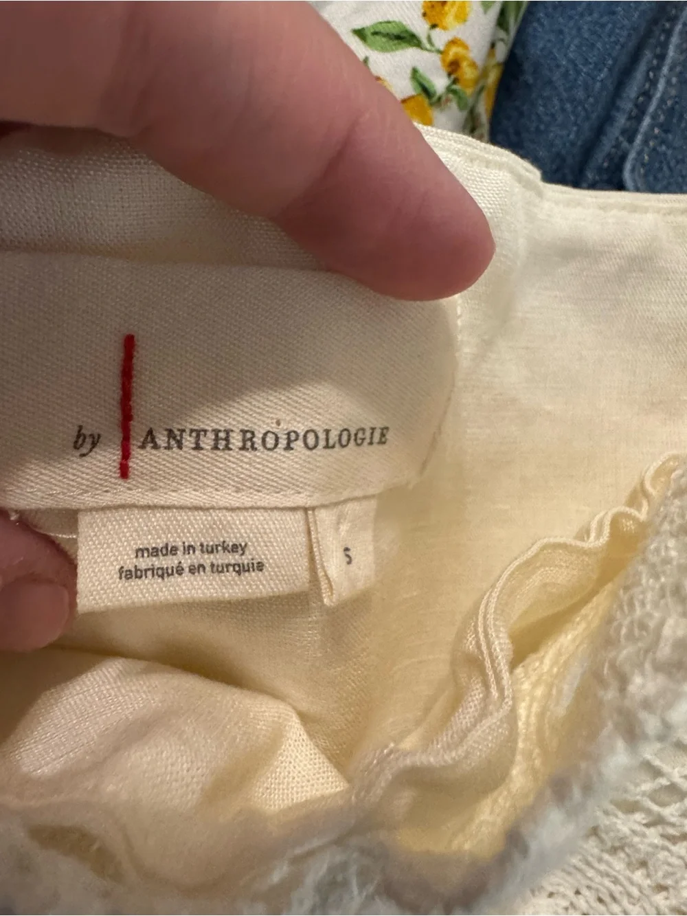 Anthropologie crochet yoke linen blend puff sleeve blouse small ivory boho